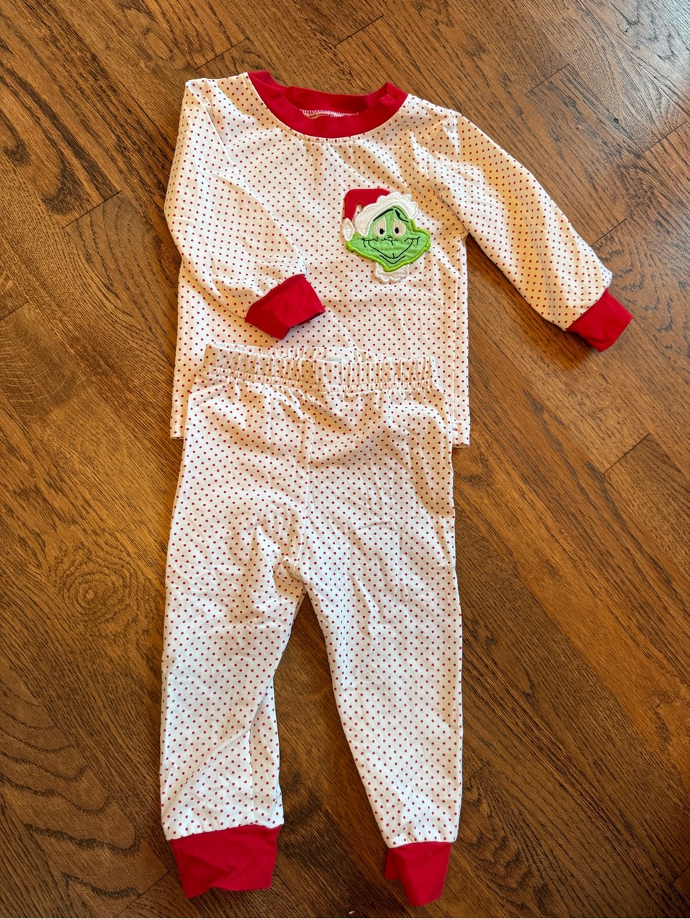 Kids Red Trim Dot Pajama Set with Grinch Patch